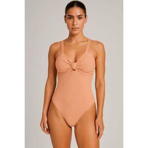 Peach Ribbed One Piece Swimsuit Women’s Knot Front Textured Wide Strap size L